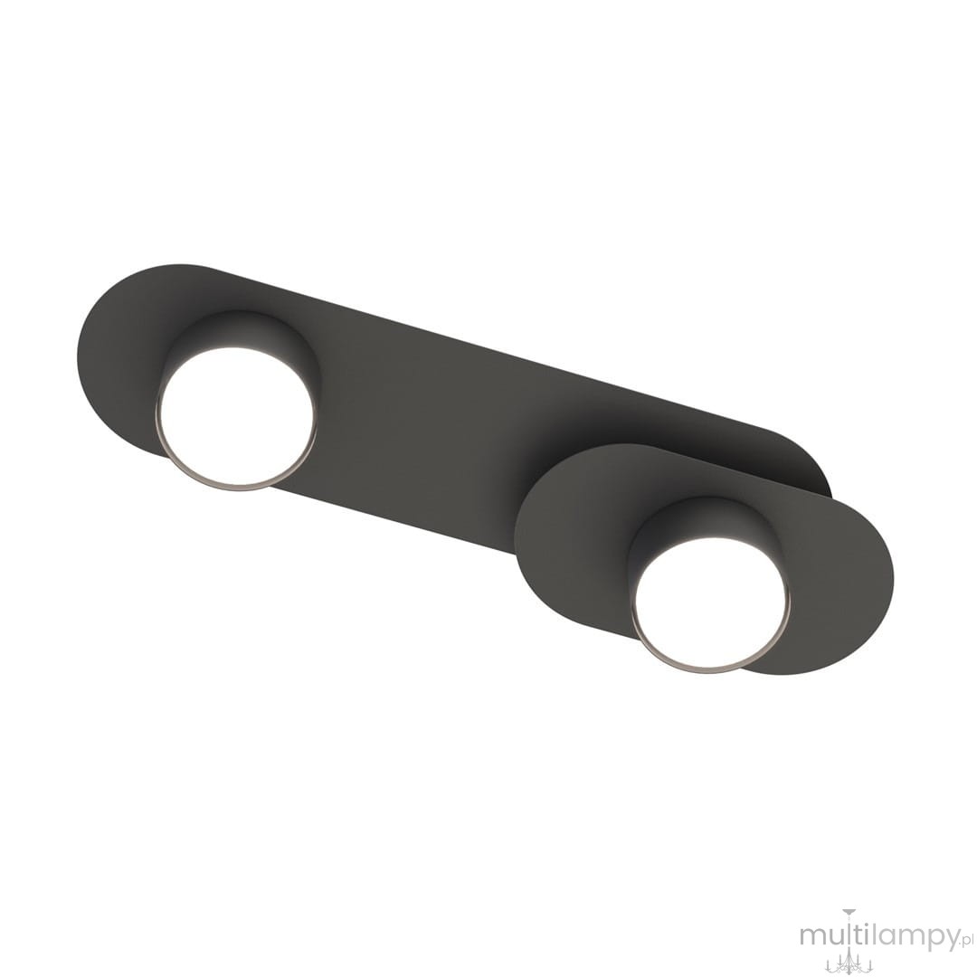 Lampa sufitowa Stilo 2xGX53 w kolorze czarnym, z dwoma okrągłymi źródłami światła. Ujęcie frontalne, produkt zamontowany na ścianie, minimalistyczny design z gładką powierzchnią. Wymiary nieokreślone, brak widocznych napisów lub logo.