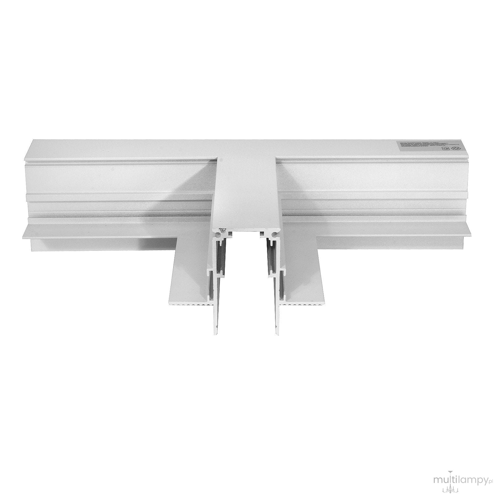 Łącznik potrójny T do szyn magnetycznych, biały, wykonany z aluminium. Widoczne trzy wloty, przeznaczony do montażu w podtynkowych systemach gips-kartonowych. Gładka powierzchnia, odpowiedni dla instalacji o wysokości 12,5 cm.