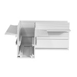 Łącznik kątowy do szyn magnetycznych, biały, wykonany z materiału gips-karton. Widok z boku, w układzie otwartym, pokazujący detale konstrukcyjne oraz rowki do montażu. Idealny do zastosowania w instalacjach podtynkowych.