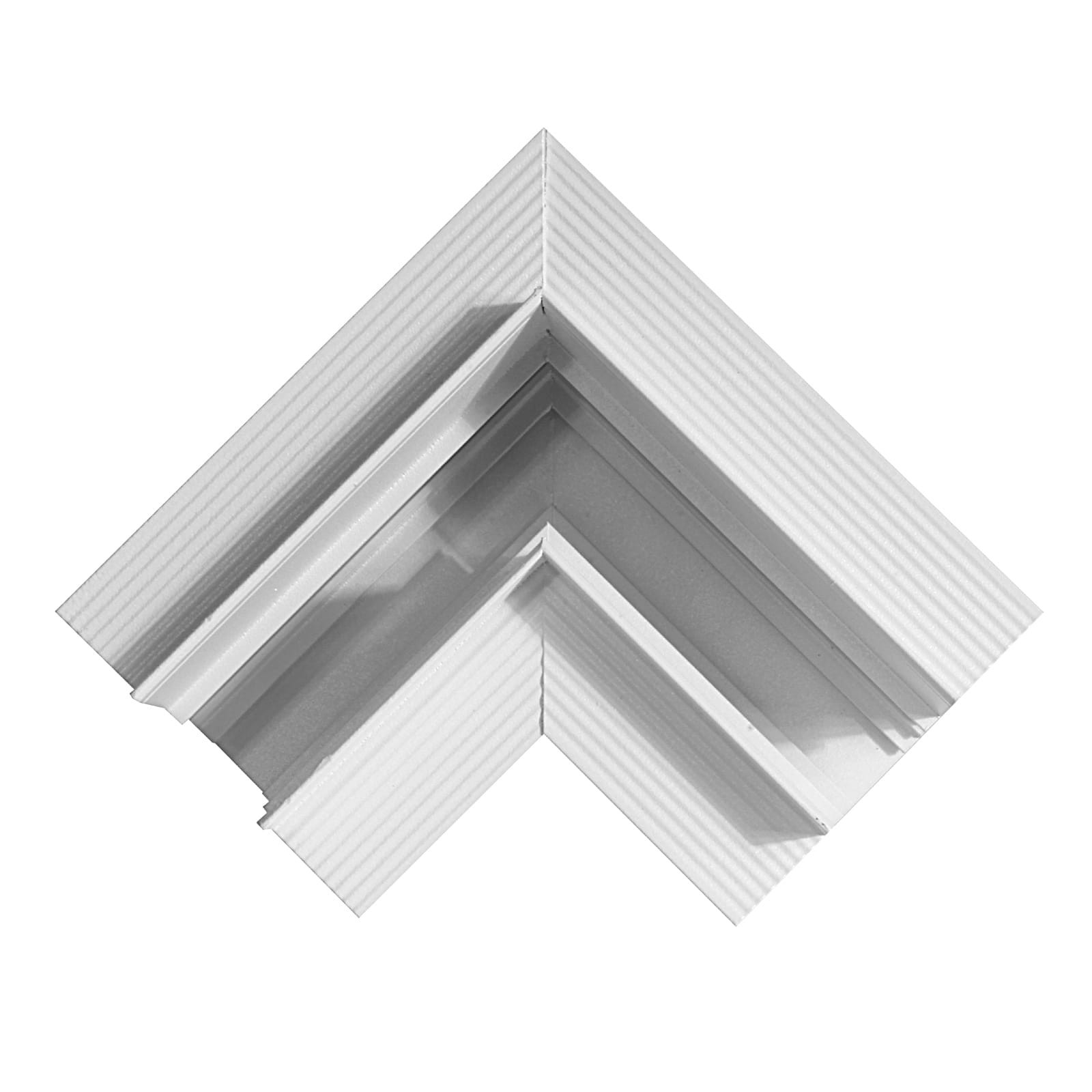 Łącznik kątowy do szyn magnetycznych, biały, wykonany z materiału gips-karton, w kształcie litery L. Ujęcie z góry, pokazujące detale i fakturę powierzchni. Idealny do instalacji w podtynkowych systemach o wysokości 12,5 cm.