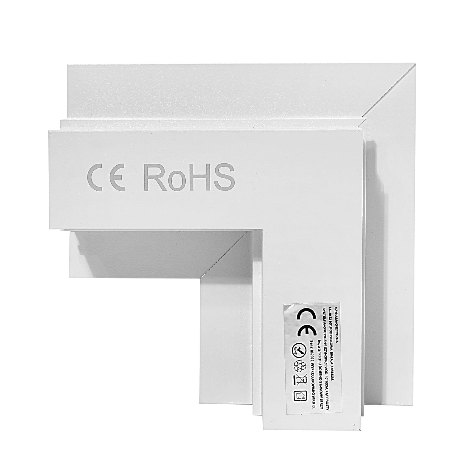 Łącznik kątowy do szyn magnetycznych w kolorze białym, wykonany z materiału gips-karton. Widoczny z boku, z oznaczeniami CE i RoHS. Kształt prostokątny, przeznaczony do montażu podtynkowego.