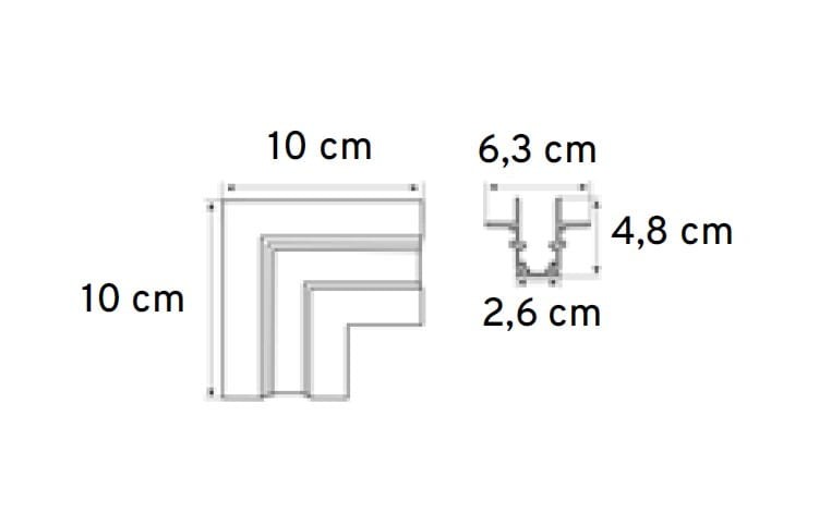 Łącznik kątowy do szyn magnetycznych podtynkowych gips-karton, biały. Wymiary: długość 10 cm, wysokość 10 cm, szerokość 6,3 cm, głębokość 4,8 cm, grubość 2,6 cm. Produkt w formie złożonej, z wyraźnie zaznaczonymi wymiarami.