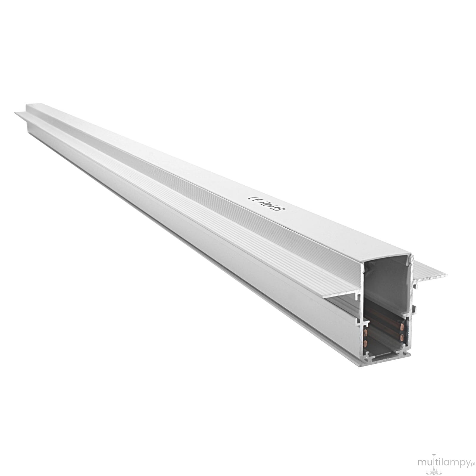 Szyna magnetyczna podtynkowa, gips-karton, długość 100 cm, kolor biały. Prosty kształt z rowkami na powierzchni, widoczne metalowe elementy wewnętrzne. Ujęcie z boku, leżąca na białym tle.