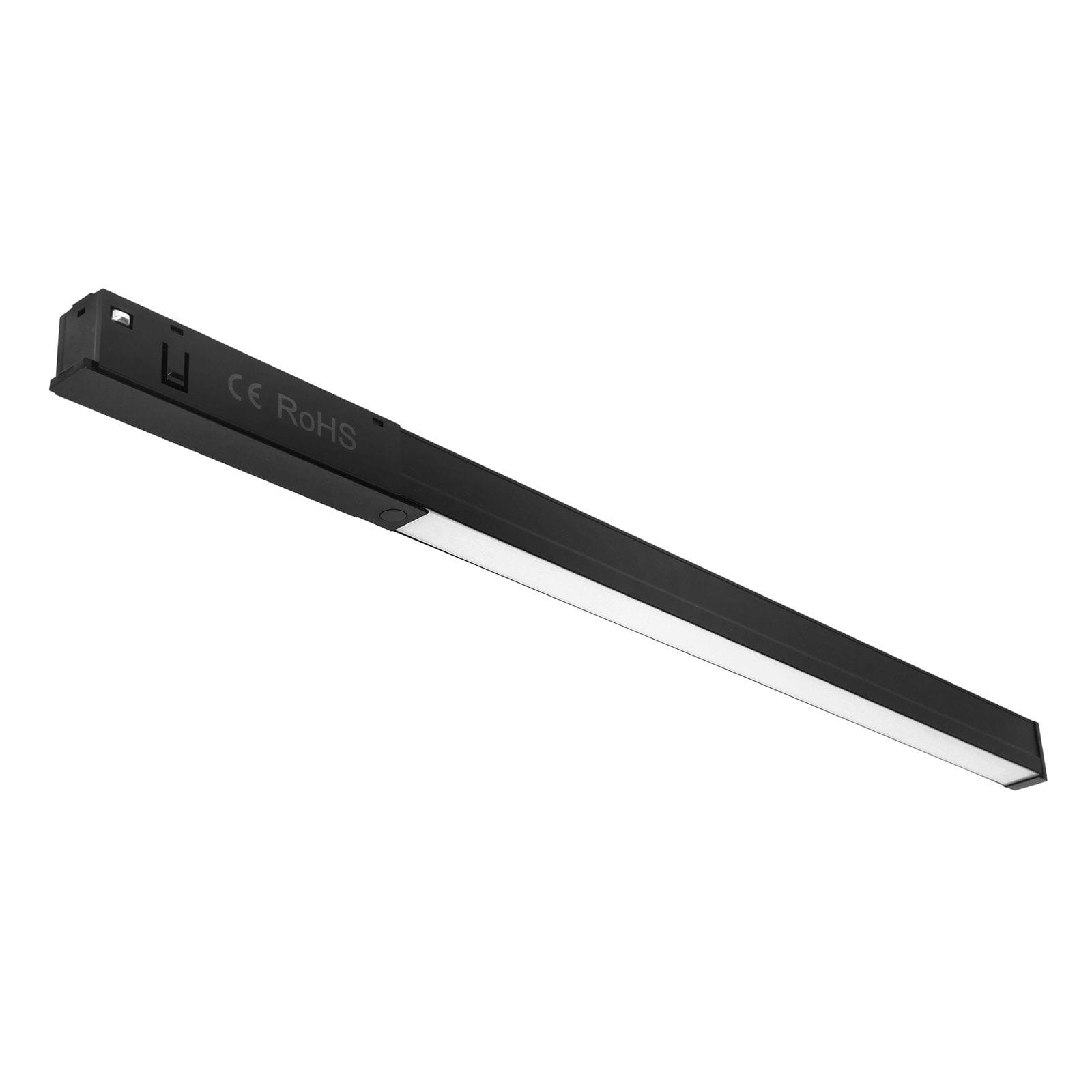 Lampa LED liniowa do szyny magnetycznej MINI w kolorze czarnym, o długości 71 cm i mocy 20W. Z przodu znajduje się biały dyfuzor, a z tyłu widoczny jest mechanizm mocujący. Produkt jest umieszczony na białym tle.