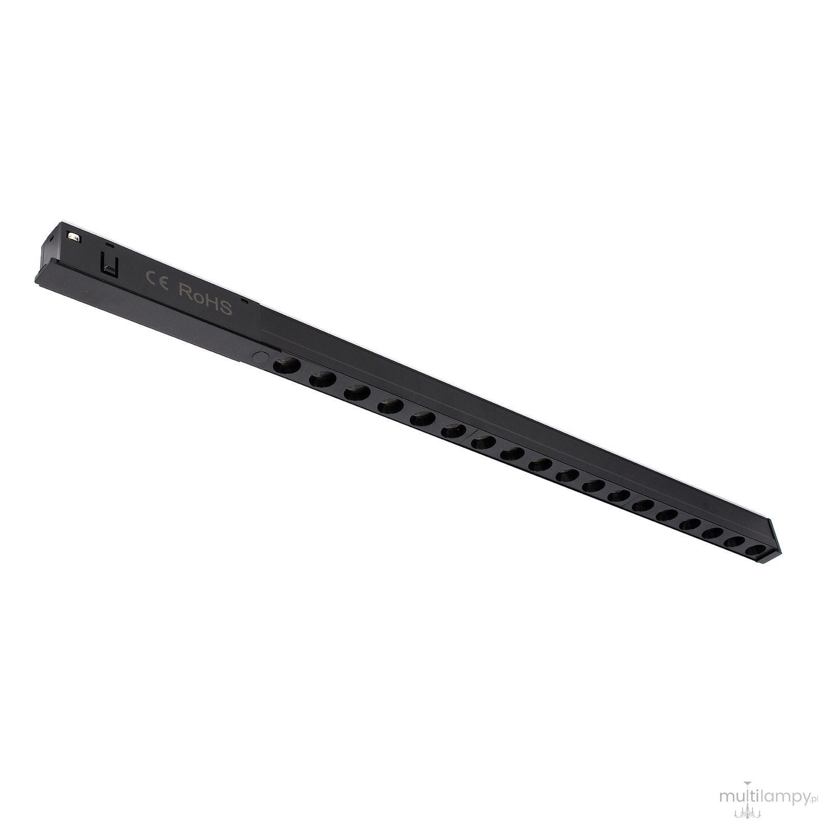Lampa LED liniowa do szyny magnetycznej w kolorze czarnym, długość wąska, z widocznymi otworami na diody. Ujęcie z boku, ukazujące całą długość lampy. Przeznaczona do montażu na szynie, emitująca światło o temperaturze barwowej 3000K.