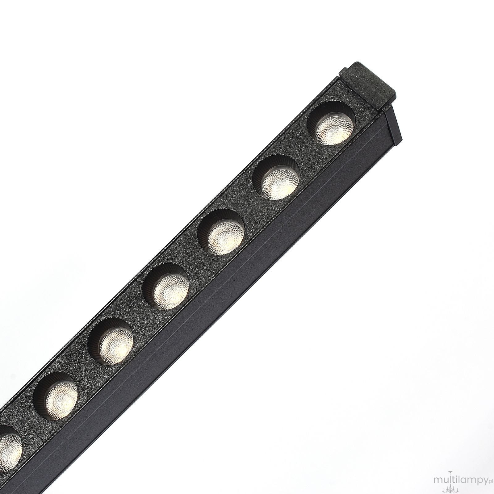 Czarna lampa LED liniowa do szyny magnetycznej, model MINI L34/12W/3000K, z widocznymi sześcioma okrągłymi źródłami światła. Ujęcie z góry, ukazujące prostokątny kształt oraz fakturę obudowy.