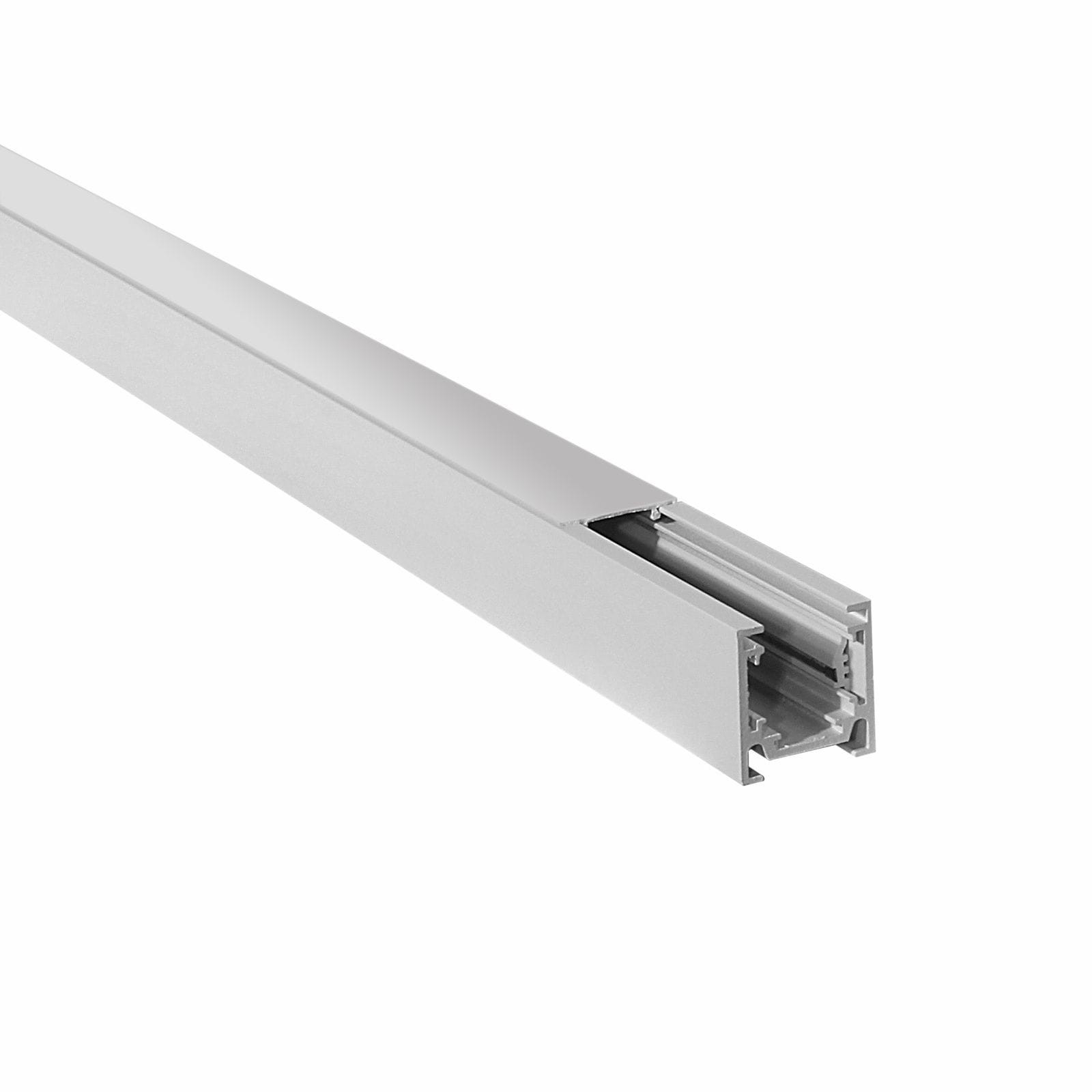 Biała szyna magnetyczna natynkowa o długości 100 cm, prostokątna, z widocznym, otwartym profilem. Ujęcie z boku, ukazujące gładką powierzchnię i wewnętrzne prowadnice. Idealna do montażu na ścianie.