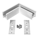 Łącznik kątowy do szyn magnetycznych natynkowych MINI w kolorze białym, z widocznymi metalowymi elementami mocującymi oraz śrubami. Produkt w kształcie prostokąta, z wycięciami do montażu, leżący na białym tle.