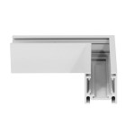 Łącznik kątowy do szyn magnetycznych natynkowych MINI w kolorze białym, wykonany z tworzywa, z prostokątnym kształtem. Widoczne rowki do montażu szyn. Ujęcie frontalne, ukazujące szczegóły konstrukcyjne i fakturę.