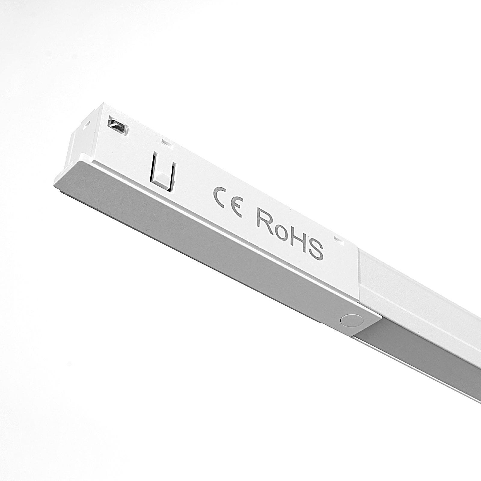 Lampa LED liniowa do szyny magnetycznej MINI L71, 20W, 3000K, biała. Produkt przedstawiony z góry, wąski, prostokątny kształt z widocznymi oznaczeniami CE i RoHS. Biała, matowa powierzchnia, z miejscem do zamontowania na szynie.
