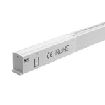 Lampa LED liniowa do szyny magnetycznej MINI L71, moc 20W, barwa światła 3000K, w kolorze białym. Ujęcie z boku, widoczny detal złącza oraz oznaczenia CE i RoHS. Produkt leżący na gładkiej powierzchni.