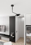 Czarna lampa sufitowa Mizu z mocowaniem 1xGX53, umieszczona na długim ramieniu. Widok z góry, lampa wisi w nowoczesnym wnętrzu, obok białych ścian i szarego panelu. Użyta w aranżacji z telewizorem i meblami.