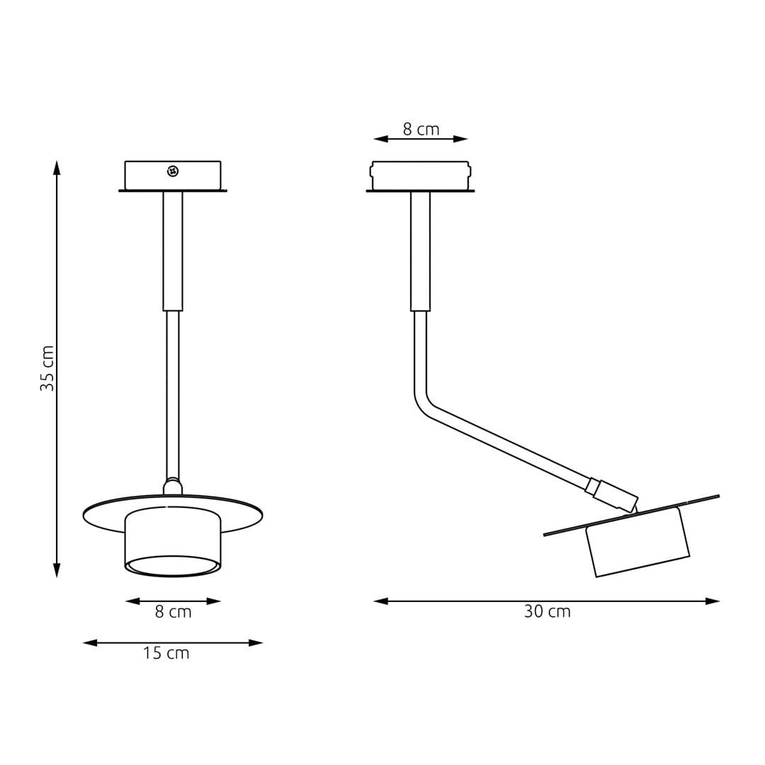 Czarna lampa sufitowa Mizu 1xGX53. Posiada okrągły klosz o średnicy 15 cm, zawieszona na prostym ramieniu o długości 30 cm. Wysokość lampy wynosi 35 cm. Wymiary podstawy wynoszą 8 cm. Idealna do nowoczesnych wnętrz.
