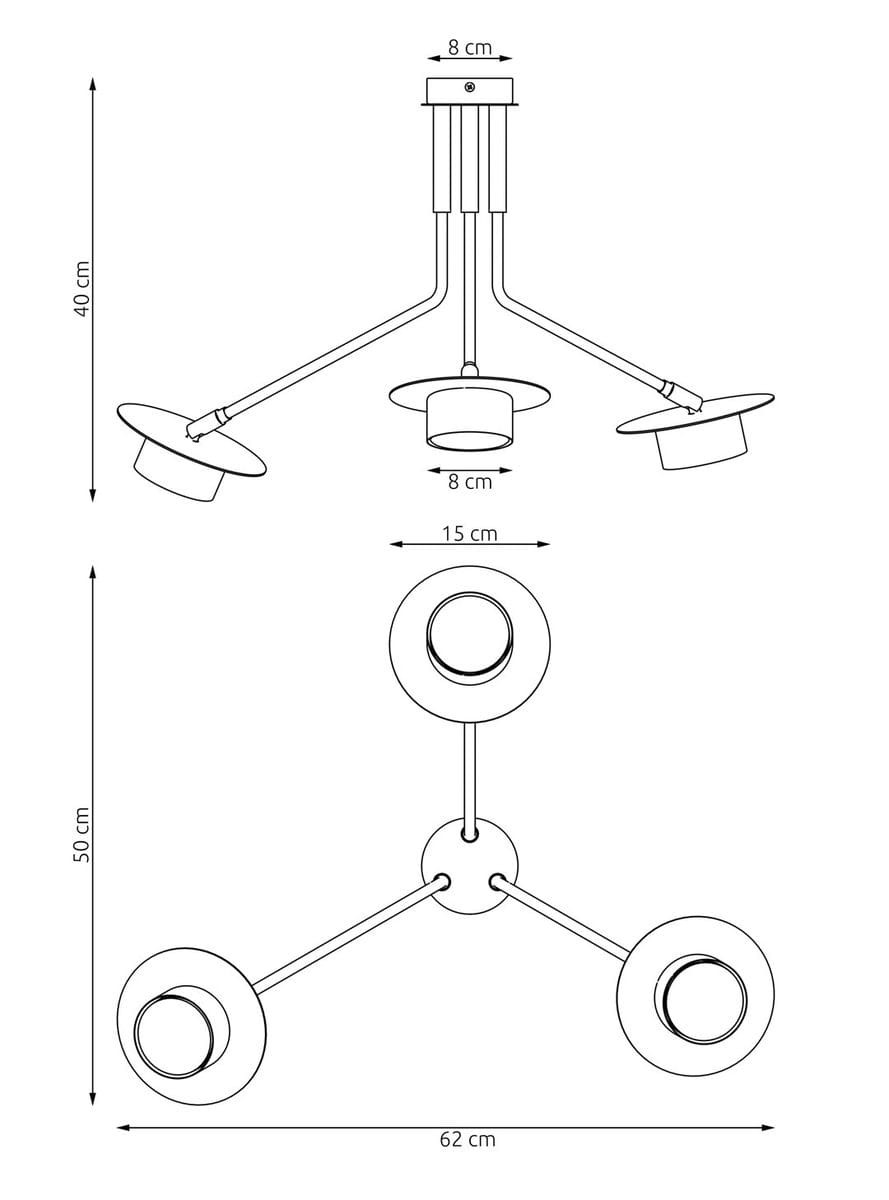 Lampa sufitowa Mizu 3xGX53 w kolorze czarnym, o wymiarach 62 cm szerokości i 50 cm wysokości. Składa się z trzech źródeł światła umieszczonych na regulowanych ramionach, z okrągłymi kloszami o średnicy 8 cm. Montaż sufitowy.