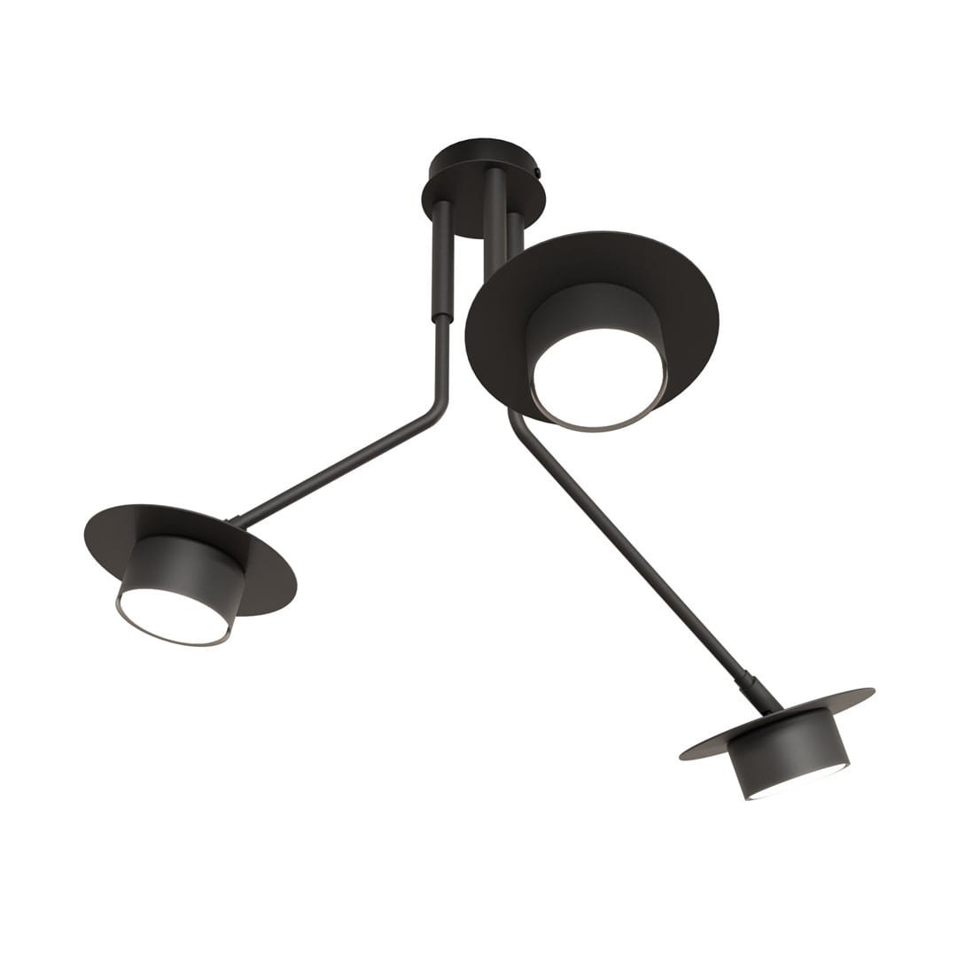 Lampa sufitowa Mizu 3xGX53 w kolorze czarnym, z trzema okrągłymi kloszami na długich ramionach. Ujęcie z dołu, ukazujące elegancki design i metaliczne wykończenie. Klosze mają otwory na żarówki, zapewniając nowoczesny wygląd.