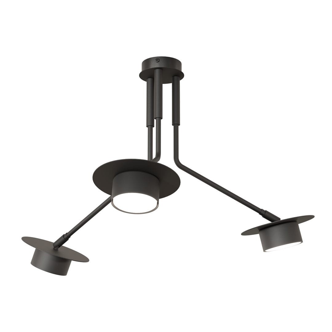 Lampa sufitowa Mizu 3xGX53 w kolorze czarnym, z trzema ruchomymi reflektorami na długich ramionach. Posiada okrągłe klosze i płaskie podstawy, zamontowana na sufitowym mocowaniu. Idealna do nowoczesnych wnętrz.