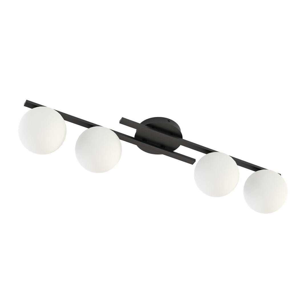 Lampa sufitowa Kairo z czarnym metalowym stelażem i czterema opalowymi kulistymi kloszami. Montowana sufitowo, w układzie poziomym, zapewniająca jasne oświetlenie. Klosze mają gładką, matową powierzchnię.