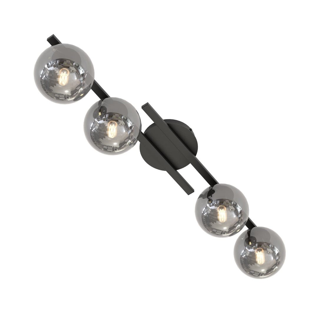 Lampa sufitowa Kairo z czterema oprawami na żarówki E14. Czarna konstrukcja z metalowymi, kulistymi kloszami w kolorze grafitowym. Ujęcie z góry, pokazujące montaż na okrągłej podstawie. Idealna do nowoczesnych wnętrz.