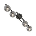 Lampa sufitowa Kairo z czterema oprawami na żarówki E14. Czarna konstrukcja z metalowymi, kulistymi kloszami w kolorze grafitowym. Ujęcie z góry, pokazujące montaż na okrągłej podstawie. Idealna do nowoczesnych wnętrz.