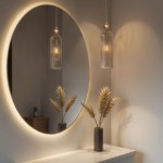 Lampa wisząca Regina w złotym kolorze z kloszem w formie szklanej tuby. Zawieszona na cienkim przewodzie, oświetla strefę przy lustrze. W tle widoczny wazon z suchymi roślinami na białym blacie.