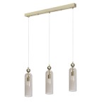 Lampa wisząca Regina 3xE14 w kolorze złotym z trzema przezroczystymi kloszami w formie cylindrów, zawieszona na białych linkach. Klosze mają delikatne żłobienia, a całość osadzona na prostokątnej, złotej podstawie.