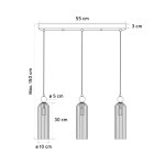 Lampa wisząca Regina 3xE14 w kolorze złotym. Składa się z trzech lamp o wysokości 30 cm i średnicy 10 cm, zawieszonych na cienkich linkach. Szerokość mocowania wynosi 55 cm, a maksymalna długość zawieszenia to 150 cm.