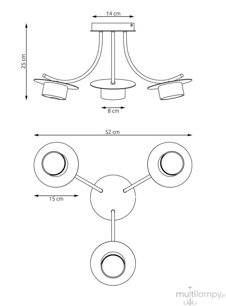 Czarna lampa sufitowa Enso z trzema punktami świetlnymi GX53. Wymiary: średnica 52 cm, wysokość 25 cm. Ułożona w poziomie, z okrągłym mocowaniem i prostymi ramionami, które utrzymują lampy w odległości od sufitu.
