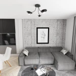 Lampa sufitowa Enso 3xGX53 w kolorze czarnym z trzema regulowanymi kloszami, zamontowana na suficie, w nowoczesnym wnętrzu z szarym narożnikiem i okrągłym stolikiem. Tło z teksturą betonu, z widocznym obrazem w ramie.
