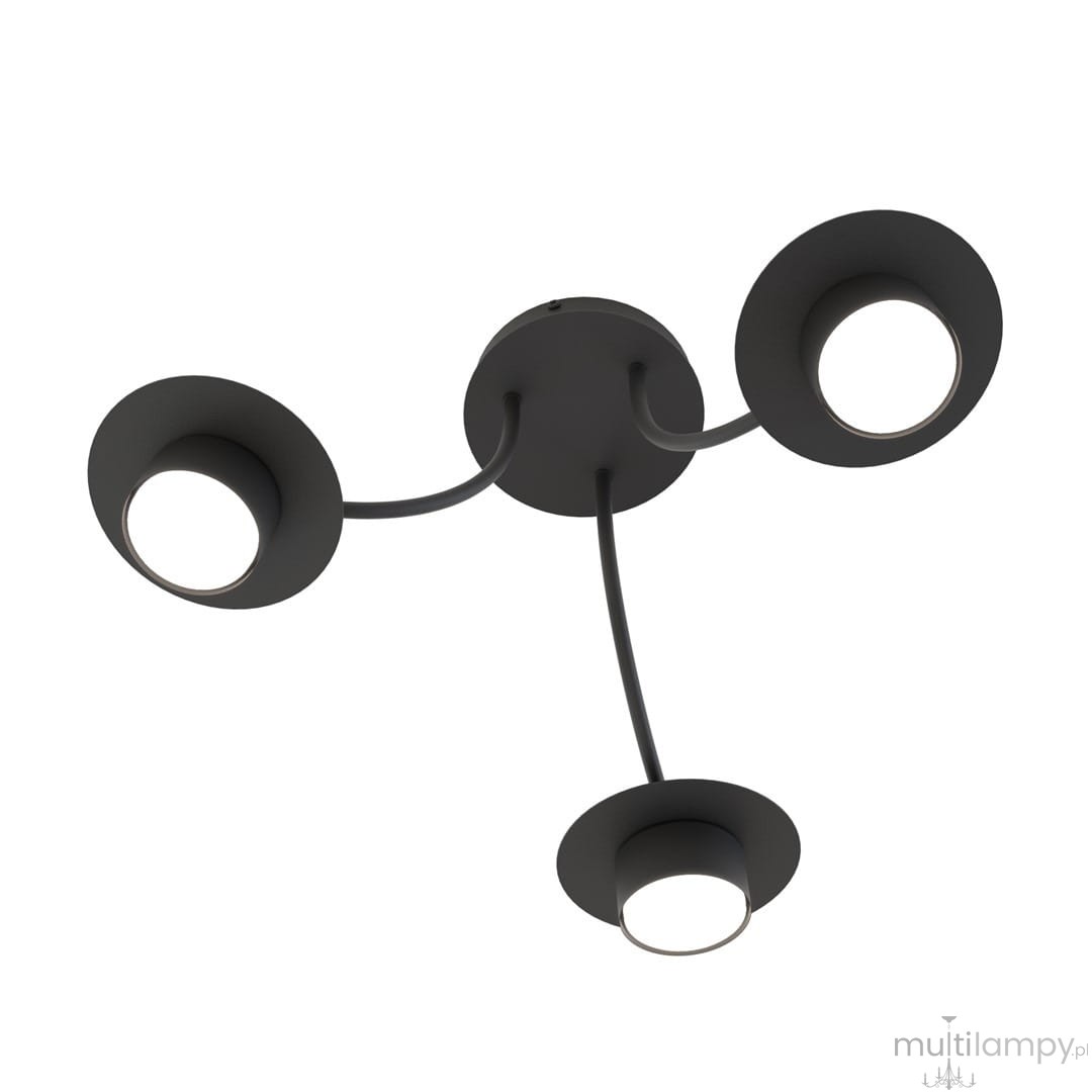Lampa sufitowa Enso 3xGX53 w kolorze czarnym, z trzema okrągłymi kloszami i elastycznymi przewodami. Ujęcie z dołu, ukazujące symetryczny kształt oraz minimalistyczny design. Idealna do nowoczesnych wnętrz.