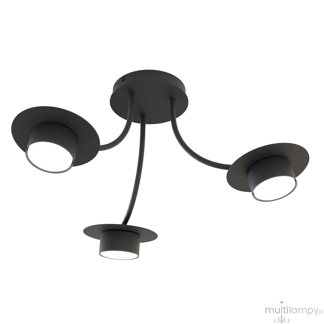 Lampa sufitowa Enso 3xGX53 w kolorze czarnym, z trzema okrągłymi kloszami na regulowanych ramionach. Ujęcie z dołu, ukazujące efektowny, minimalistyczny design oraz otwarte mocowania dla żarówek.