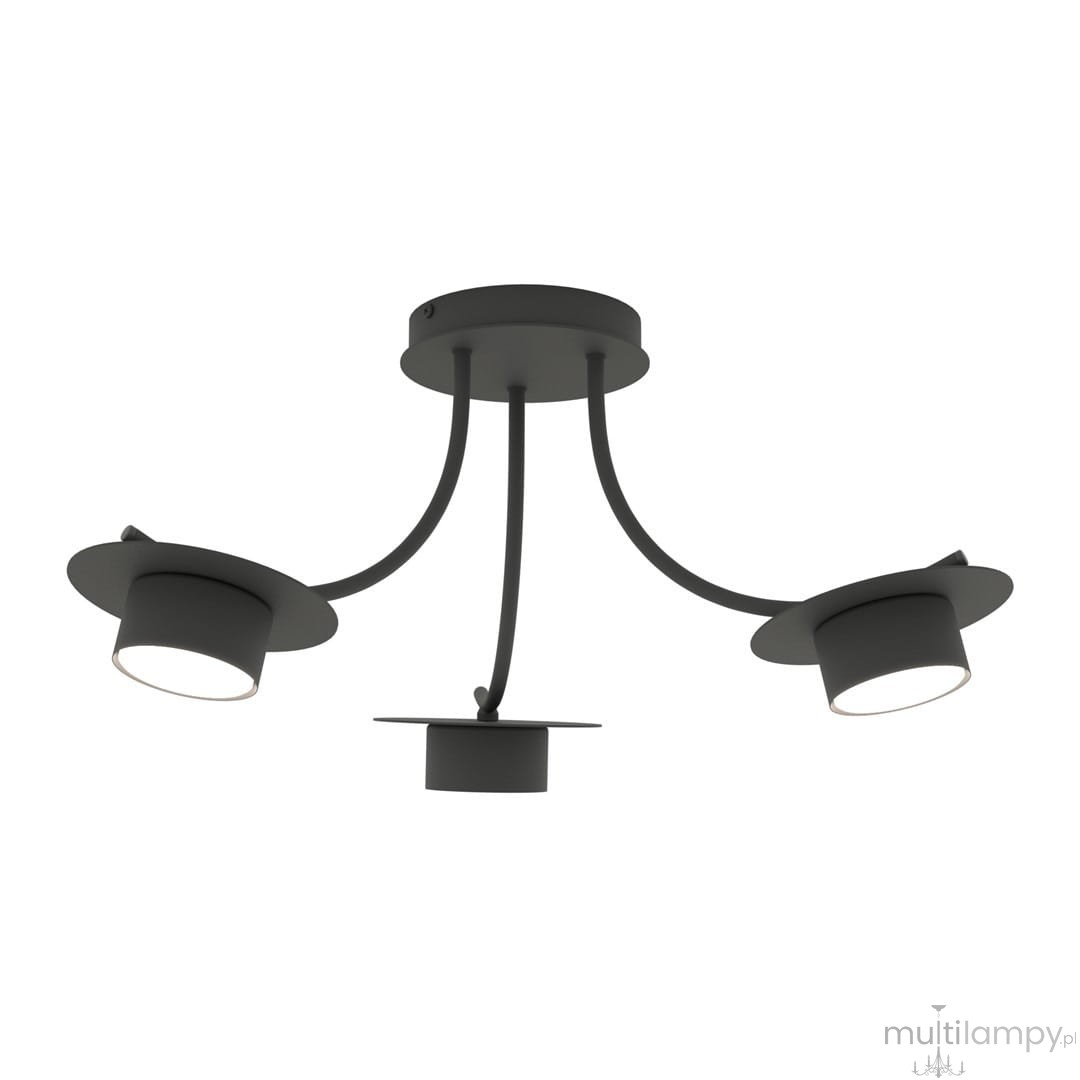 Lampa sufitowa Enso w kolorze czarnym z trzema źródłami światła GX53. Posiada okrągłą podstawę i elastyczne ramiona, które kierują światło w różnych kierunkach. Produkt montowany na suficie, z minimalistycznym designem.