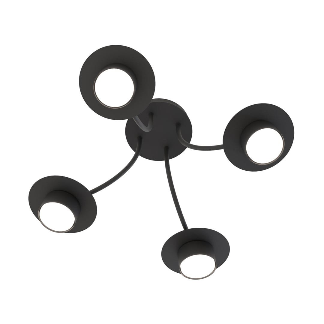 Czarna lampa sufitowa Enso z czterema oprawami GX53. Produkt ma okrągłe, płaskie klosze zamontowane na elastycznych ramionach, które wychodzą z centralnej podstawy. Lampa prezentuje nowoczesny design, idealna do użytku w salonie lub biurze.