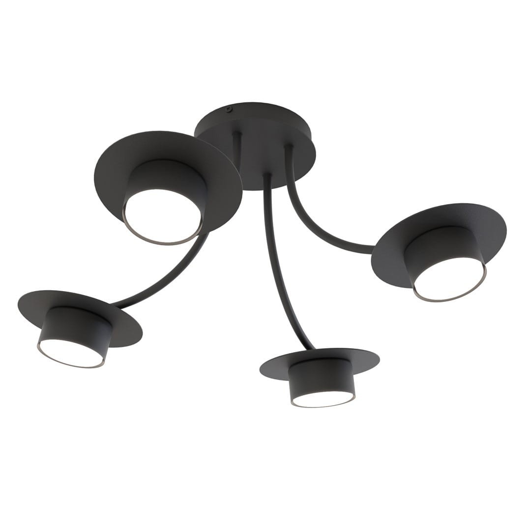 Lampa sufitowa Enso 4xGX53 w kolorze czarnym, z czterema okrągłymi kloszami na elastycznych ramionach. Montowana na suficie, oferuje nowoczesny design z matowym wykończeniem, idealna do różnych wnętrz.