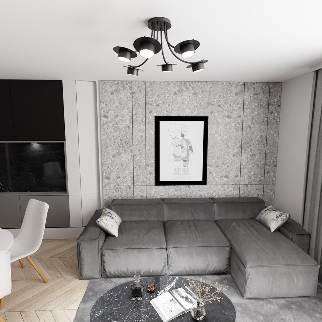 Lampa sufitowa Enso 6xGX53 w kolorze czarnym, montowana na suficie, z sześcioma okrągłymi kloszami. Produkt umieszczony w nowoczesnym wnętrzu, nad szarym narożnikiem i okrągłym stolikiem. Tło w odcieniach szarości z dekoracjami na ścianie.