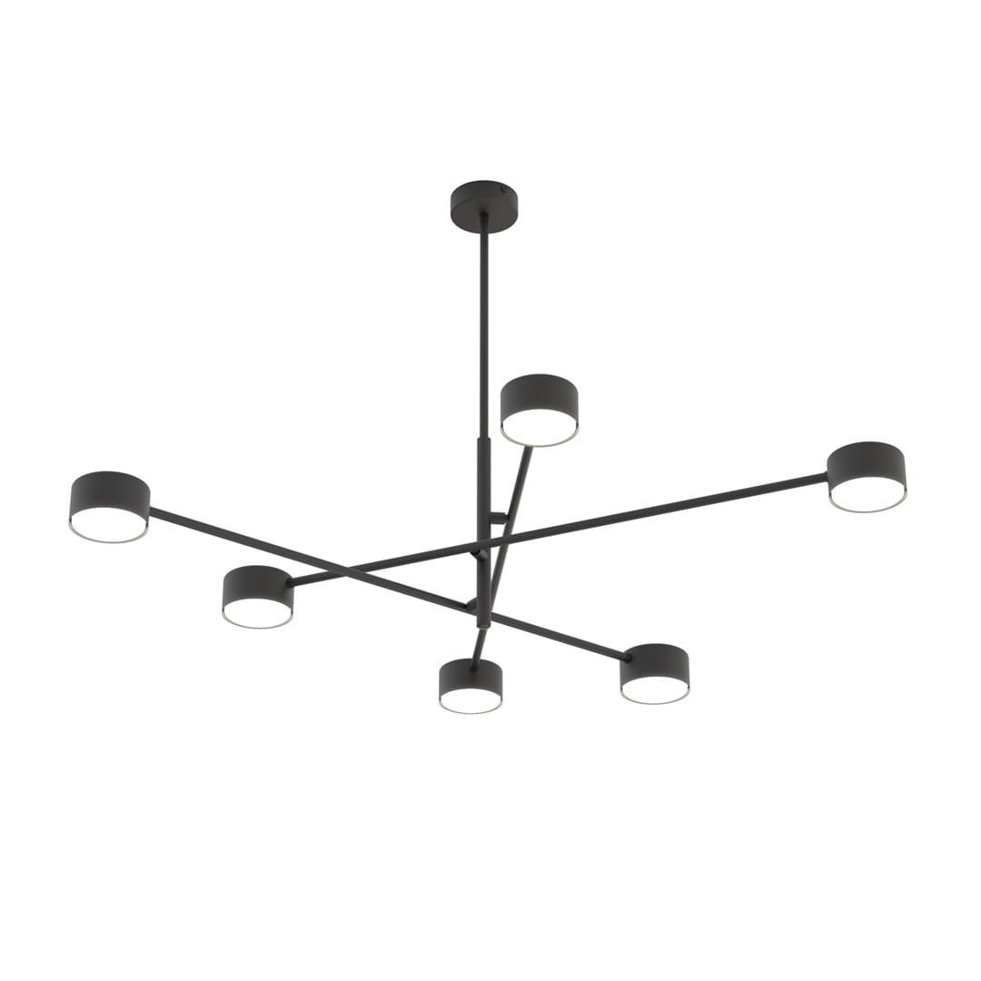 Lampa sufitowa Natsu w kolorze czarnym z sześcioma źródłami światła GX53. Posiada minimalistyczny, nowoczesny design z prostymi, cylindrycznymi kloszami zamontowanymi na promienistych ramionach. Ujęcie z dołu, wisząca konstrukcja.