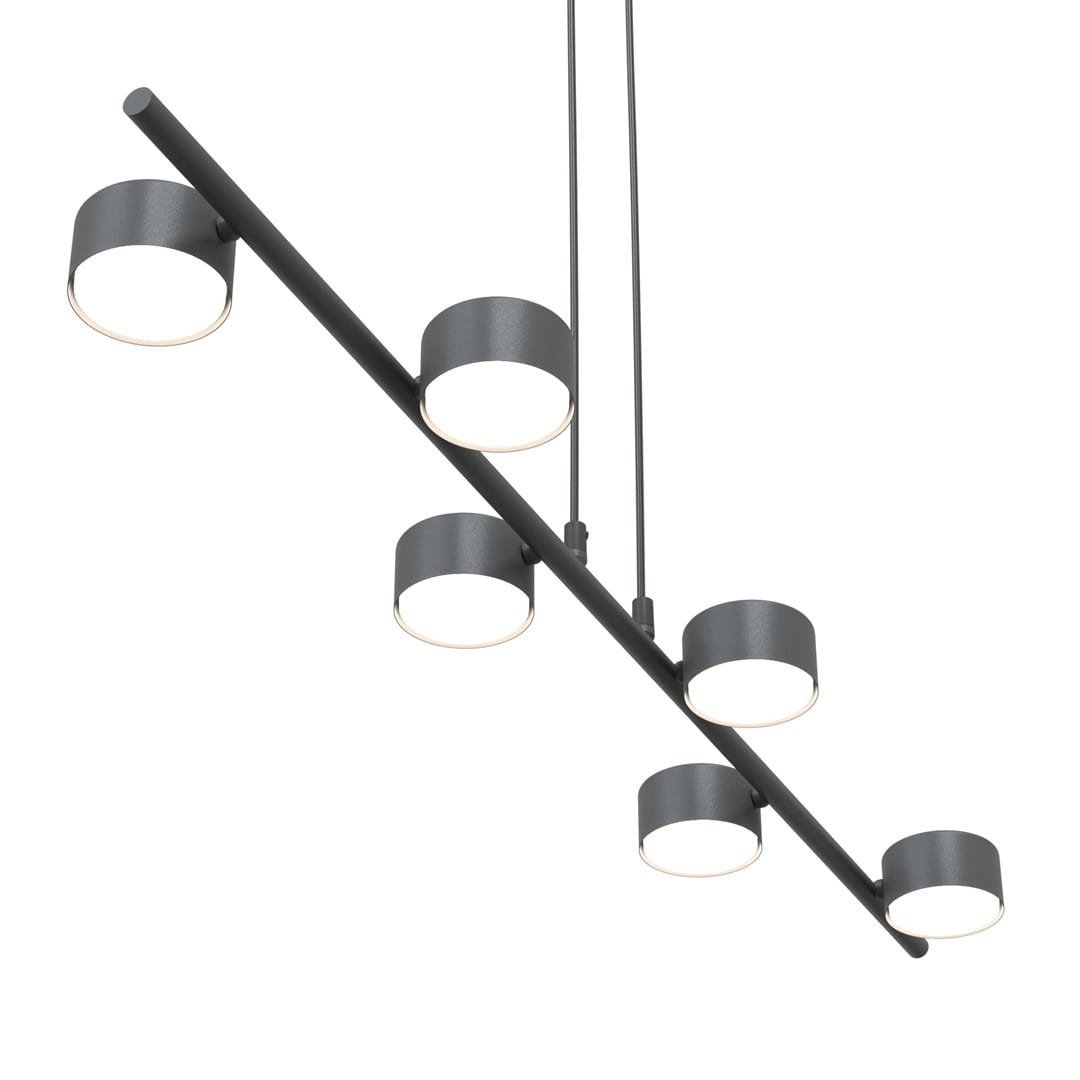 Lampa wisząca Sora w kolorze czarnym z sześcioma okrągłymi kloszami na metalowym stelażu. Klosze umieszczone na poziomej rurze, zawieszone na cienkich linkach. Nowoczesny design, przeznaczona do oświetlenia wnętrz.