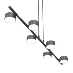 Lampa wisząca Sora w kolorze czarnym z sześcioma okrągłymi kloszami na metalowym stelażu. Klosze umieszczone na poziomej rurze, zawieszone na cienkich linkach. Nowoczesny design, przeznaczona do oświetlenia wnętrz.