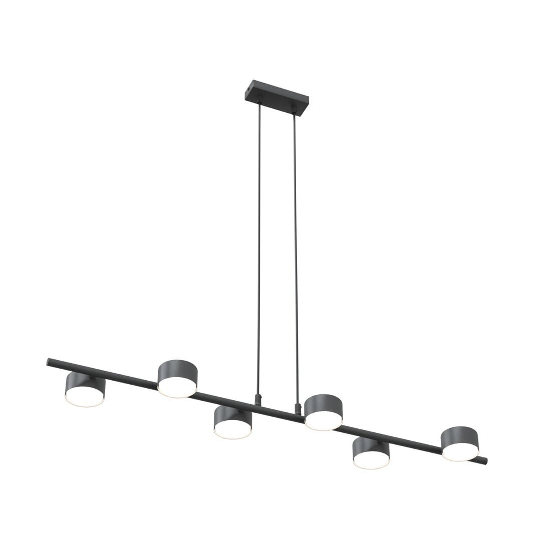 Lampa wisząca Sora w kolorze czarnym z sześcioma punktami świetlnymi GX53. Posiada prostą, poziomą konstrukcję z okrągłymi kloszami. Zawieszona na dwóch cienkich linkach z metalowym stelażem, idealna do nowoczesnych wnętrz.