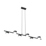 Lampa wisząca Sora w kolorze czarnym z sześcioma punktami świetlnymi GX53. Posiada prostą, poziomą konstrukcję z okrągłymi kloszami. Zawieszona na dwóch cienkich linkach z metalowym stelażem, idealna do nowoczesnych wnętrz.