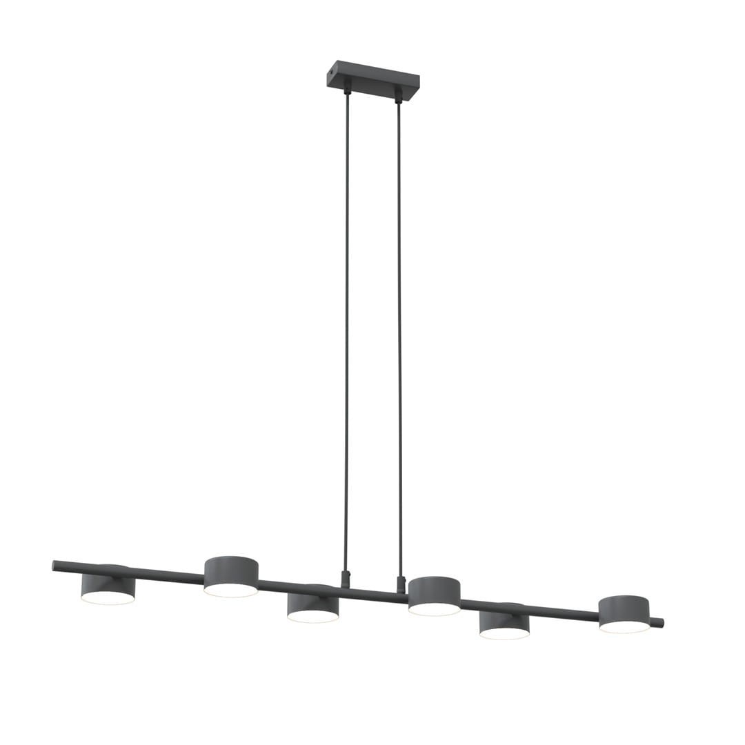 Lampa wisząca Sora w kolorze czarnym, z sześcioma okrągłymi źródłami światła GX53, zawieszona na dwóch linkach. Prosty, minimalistyczny design, idealna do nowoczesnych wnętrz. Ujęcie z dołu, na białym tle.