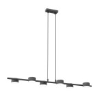 Lampa wisząca Sora w kolorze czarnym, z sześcioma okrągłymi źródłami światła GX53, zawieszona na dwóch linkach. Prosty, minimalistyczny design, idealna do nowoczesnych wnętrz. Ujęcie z dołu, na białym tle.