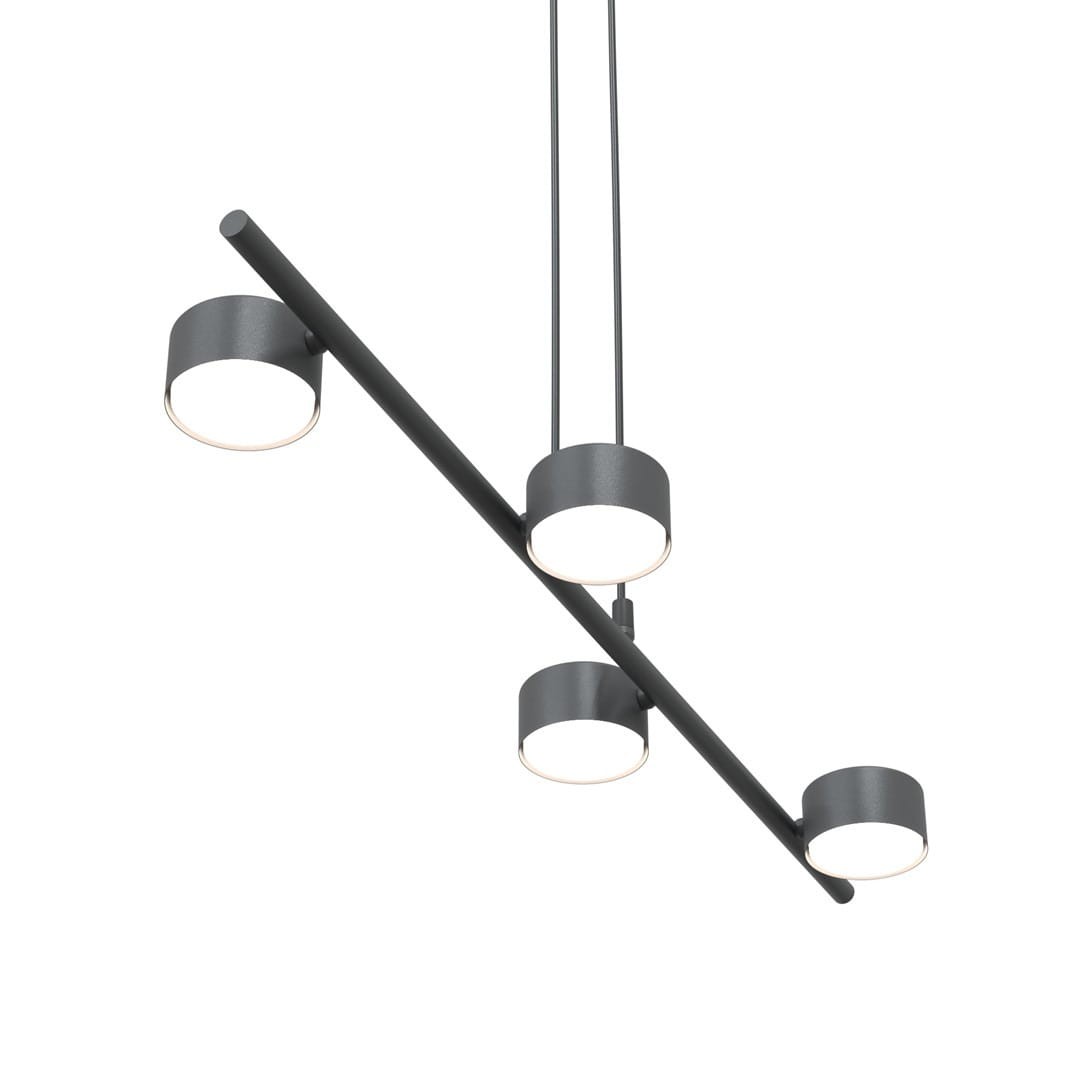 Lampa wisząca Sora w kolorze czarnym z czterema okrągłymi kloszami GX53, zawieszona na prostym metalowym ramieniu. Klosze mają subtelne, białe źródła światła. Produkt wisi na cienkich linkach, zapewniając nowoczesny wygląd.