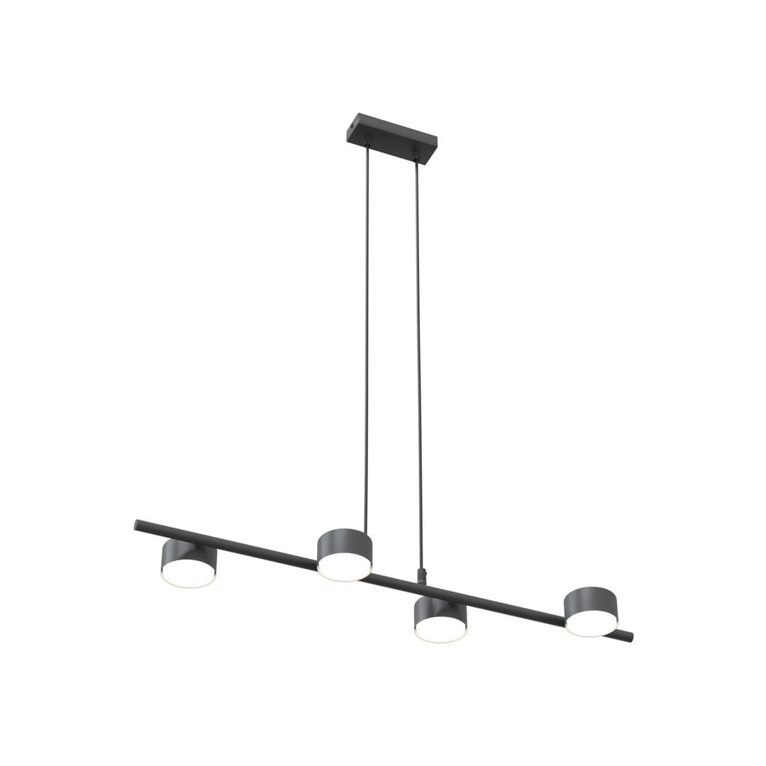Lampa wisząca Sora w kolorze czarnym z czterema okrągłymi oprawami na żarówki GX53, zawieszona na dwóch linkach. Prosta konstrukcja z poziomą belką i minimalistycznym designem, idealna do nowoczesnych wnętrz.