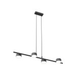 Lampa wisząca Sora w kolorze czarnym z czterema okrągłymi oprawami na żarówki GX53, zawieszona na dwóch linkach. Prosta konstrukcja z poziomą belką i minimalistycznym designem, idealna do nowoczesnych wnętrz.