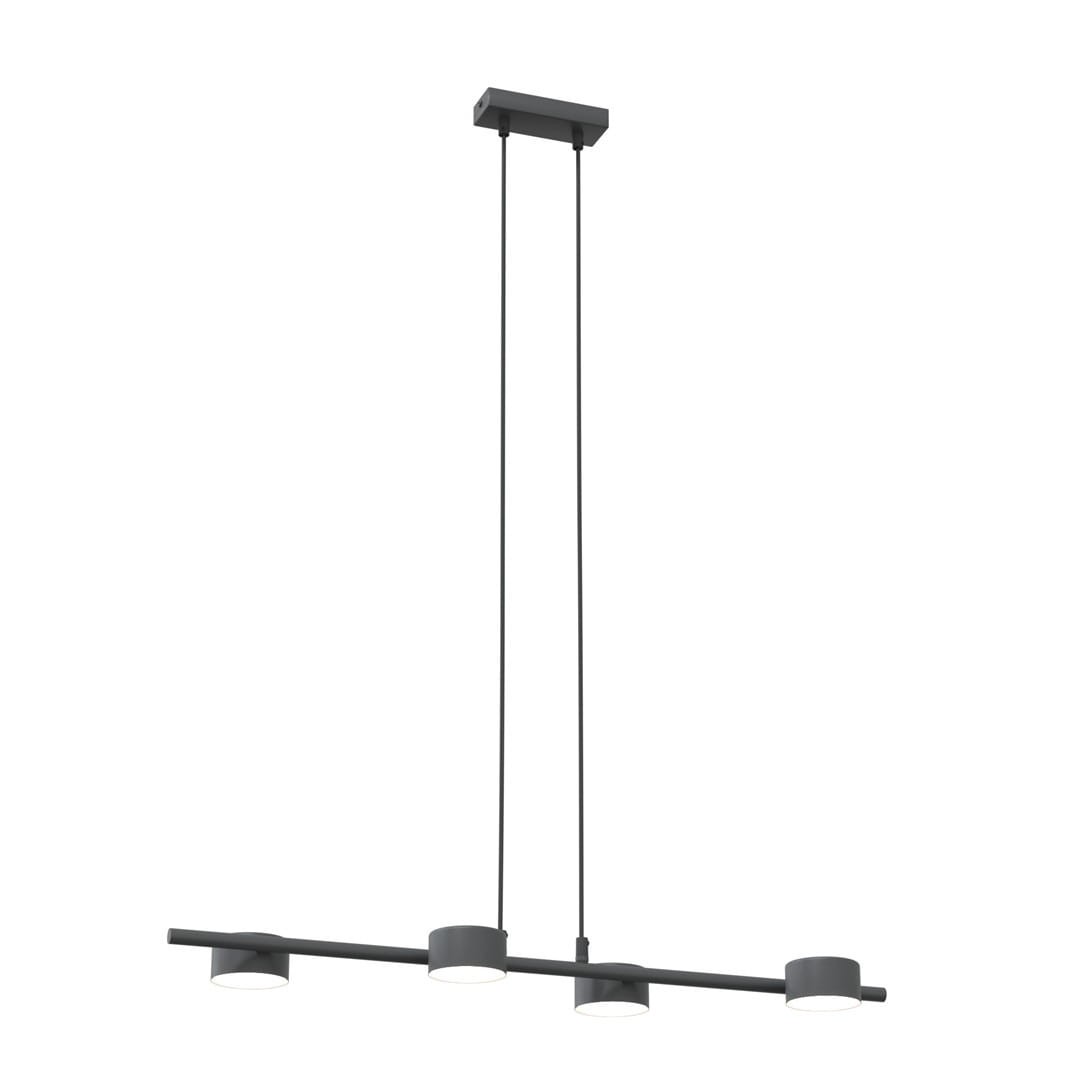 Czarna lampa wisząca Sora z 4 oprawami GX53, zawieszona na dwóch linkach, z prostokątnym, minimalistycznym mocowaniem sufitowym. Lampa ma nowoczesny design z okrągłymi kloszami i prostą, poziomą konstrukcją.
