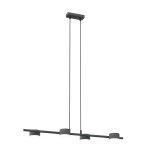Czarna lampa wisząca Sora z 4 oprawami GX53, zawieszona na dwóch linkach, z prostokątnym, minimalistycznym mocowaniem sufitowym. Lampa ma nowoczesny design z okrągłymi kloszami i prostą, poziomą konstrukcją.