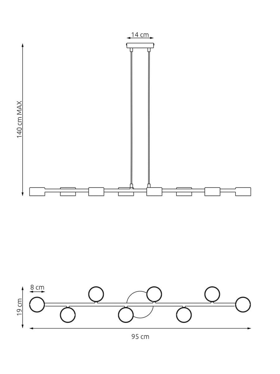 Lampa wisząca Megara, czarna, z 8 miejscami na żarówki GX53. Wymiary: długość 95 cm, wysokość do 140 cm, szerokość 14 cm. Prosty, nowoczesny design z okrągłymi kloszami o średnicy 8 cm, zawieszona na dwóch linkach.