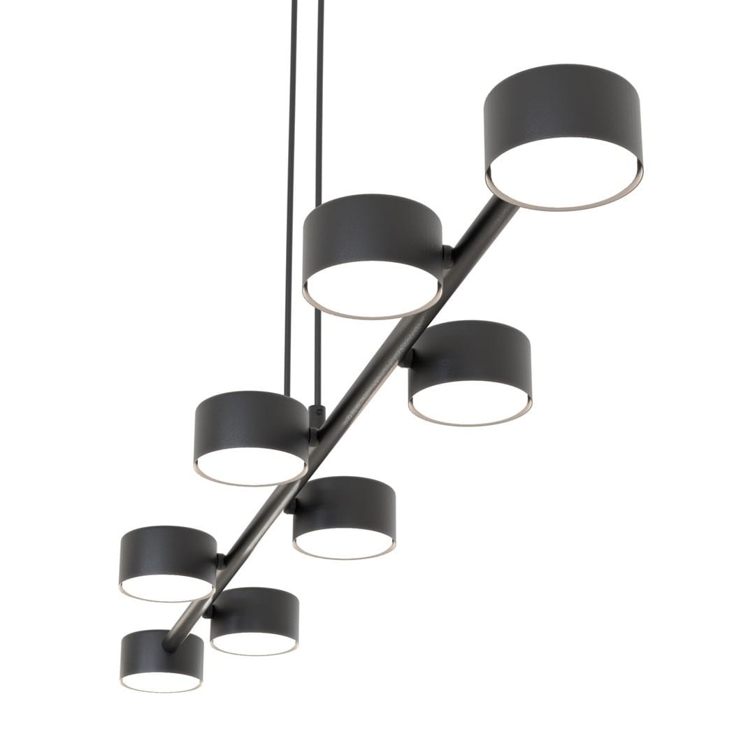 Lampa wisząca Megara z ośmioma oprawami GX53, w kolorze czarnym. Posiada prostą, metalową konstrukcję z okrągłymi kloszami, zawieszona na dwóch cienkich linkach. Klosze mają matowe wykończenie i otwarte dno, co umożliwia efektywne oświetlenie.