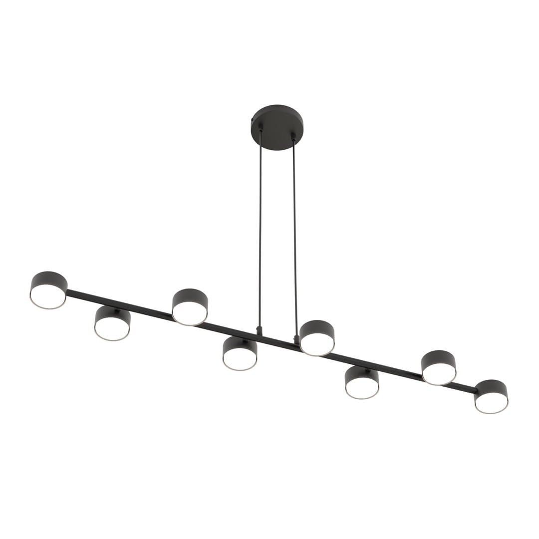 Lampa wisząca Megara w kolorze czarnym z ośmioma oprawami GX53. Posiada prostą, liniową konstrukcję z sześcioma okrągłymi kloszami umieszczonymi na długim ramieniu, zawieszonym na dwóch linkach. Idealna do nowoczesnych wnętrz.