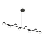 Lampa wisząca Megara w kolorze czarnym z ośmioma oprawami GX53. Posiada prostą, liniową konstrukcję z sześcioma okrągłymi kloszami umieszczonymi na długim ramieniu, zawieszonym na dwóch linkach. Idealna do nowoczesnych wnętrz.